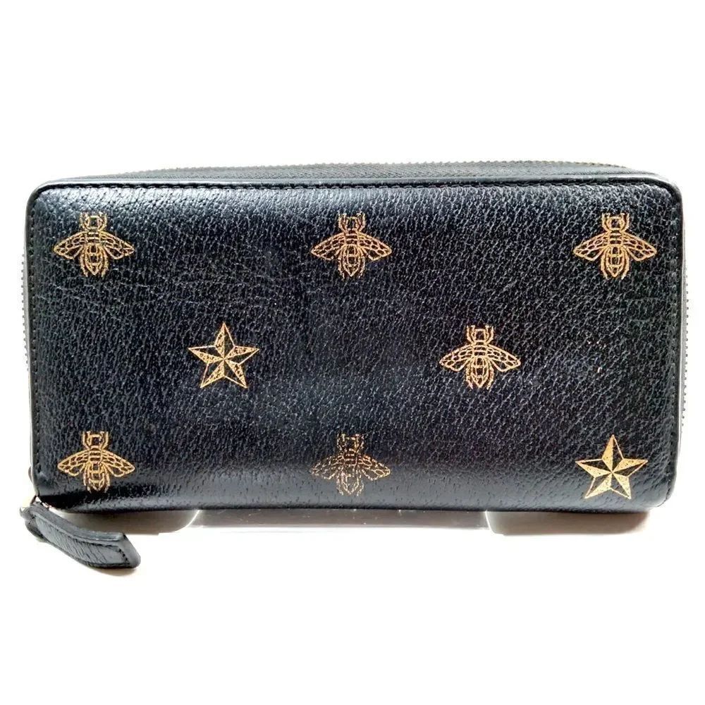 Authentic Gucci Continental Black Leather Gold Filigree Bee Star Zippy Wallet